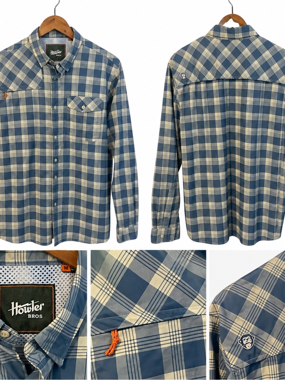 BF1091 Howler Bros Men’s M Blue Plaid Long Sleeve Performance Fishing Shirt